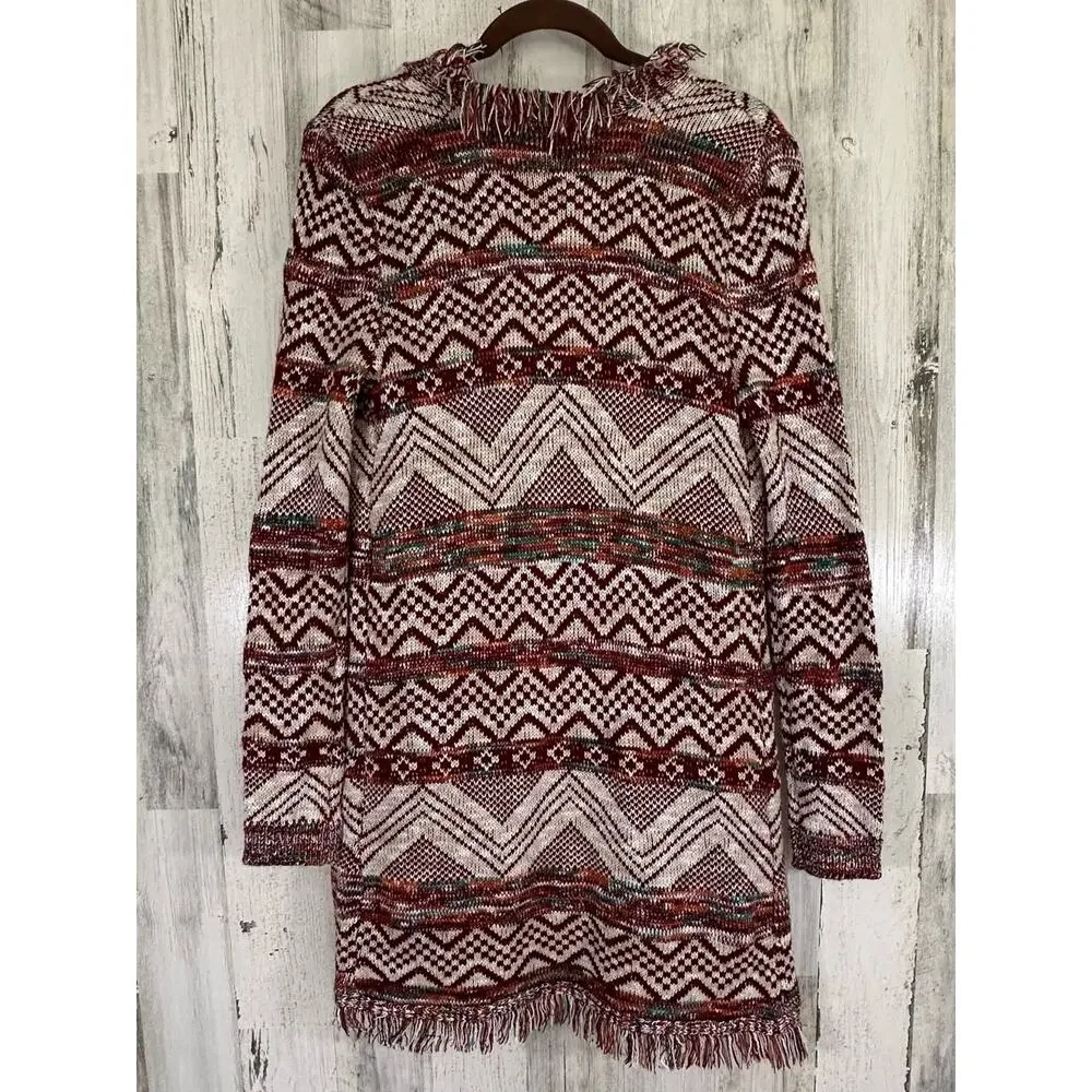 New Direction Womens Open Front Cardigan Sweater Medium Burgundy Aztec Fringe - Picture 2 of 7